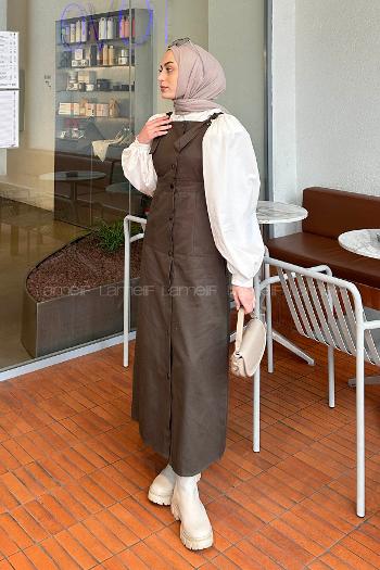 Lamelif Önü Boydan Düğmeli Salopet Koyu Yeşil