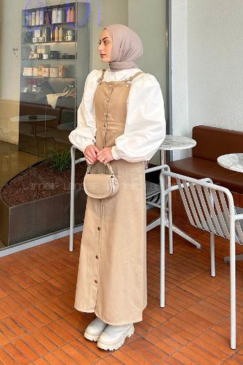 Lamelif Önü Boydan Düğmeli Salopet Sütlü Kahve