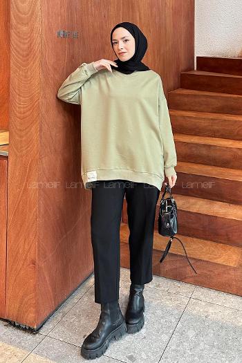Lamelif Etiket Detaylı Oversize Sweatshirt Kına Yeşili