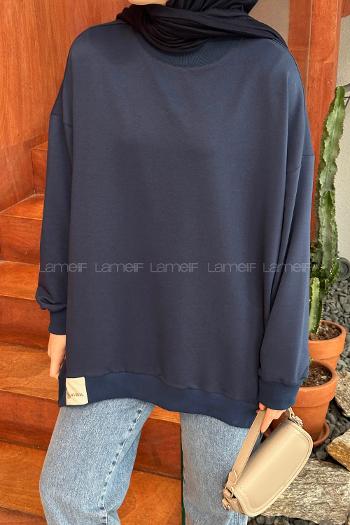 Lamelif Etiket Detaylı Oversize Sweatshirt Lacivert