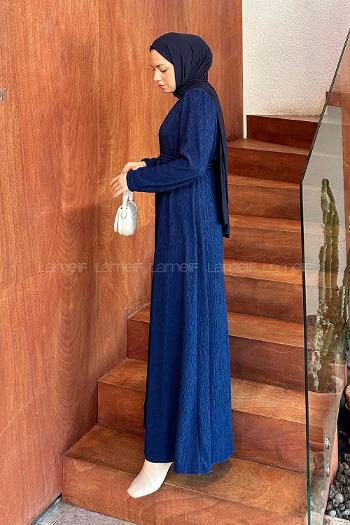 Lamelif Kuşak Bağlama Kıraşlı Tesettür Elbise Lacivert