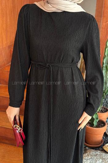 Lamelif Kuşak Bağlama Kıraşlı Tesettür Elbise Siyah