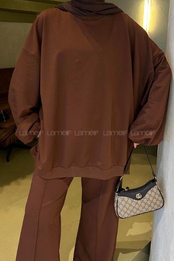 Lamelif Oversize Sweatshirt İkili Tesettür Takım Acı Kahve