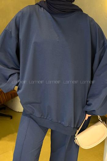Lamelif Oversize Sweatshirt İkili Tesettür Takım Lacivert