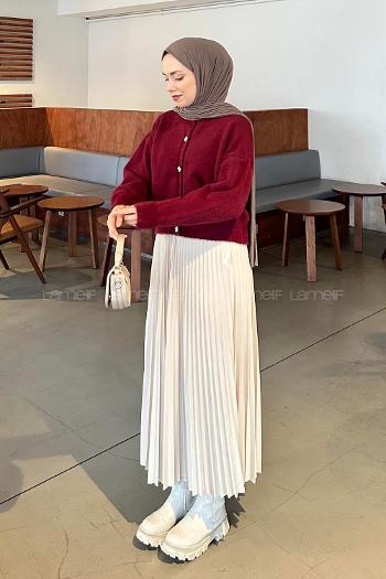 Claret Red Medium Crew Neck Long Arm Poplin Fabric Cardigan