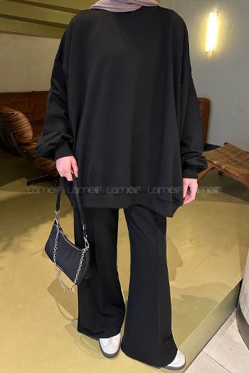 Lamelif Oversize Sweatshirt İkili Tesettür Takım Siyah