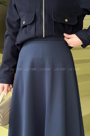 Lamelif Scuba Kumaş Kloş Etek Lacivert