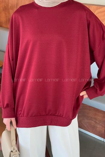 Lamelif Balon Kol Yaka Ve Etek Ucu Manşetli Bol Sweat Bordo