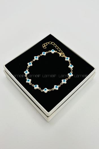 Lamelif Gold Beyaz Yonca Nazar Zarif Bileklik