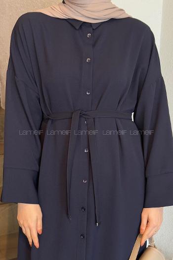 Lamelif Takma Manşet Detaylı Dabıl Tesettür Elbise Lacivert