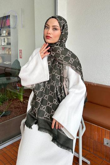 Lamelif G Desen Kaşmir Çift Taraflı Şal Koyu Yeşil Haki