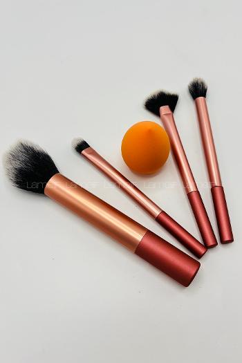 Lamelif Gold Beauty Makyaj Fırçası ve Makyaj Süngeri Seti Rose Gold