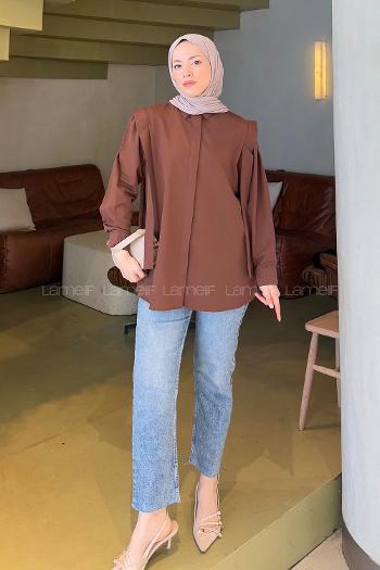 Lamelif Omuz Vatka Detaylı Tesettür Gömlek Acı Kahve