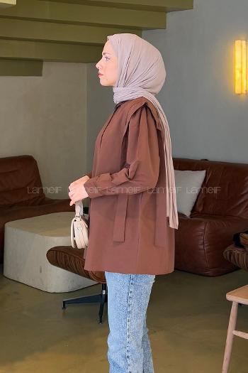 Lamelif Omuz Vatka Detaylı Tesettür Gömlek Acı Kahve