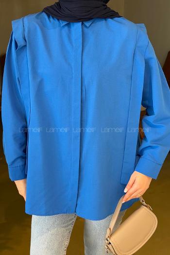 Lamelif Omuz Vatka Detaylı Tesettür Gömlek Saks Mavisi