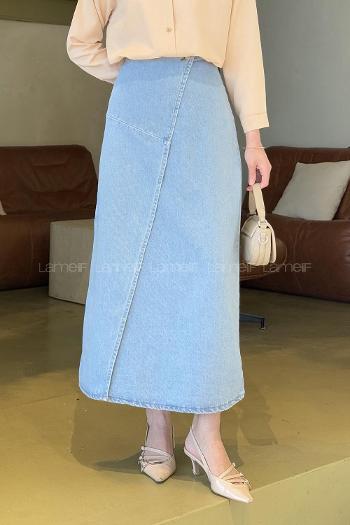 Lamelif Kruvaze Kapama Tesettür Kot Etek Buz Mavisi