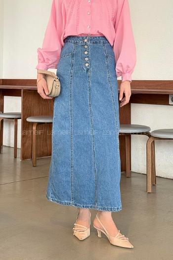 Lamelif Düğme Detaylı Kuplu Tesettür Kot Etek Mavi