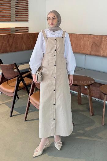 Lamelif Önü Boydan Düğmeli Salopet Krem