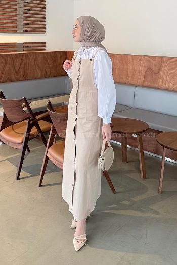 Lamelif Önü Boydan Düğmeli Salopet Krem