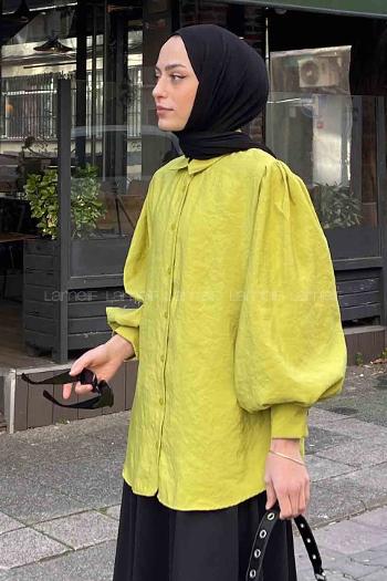 Lamelif Sedef Balon Kol Gömlek Fıstık Yeşili