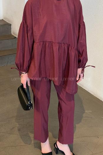 Lamelif Fırfırlı Bluz Pantolon Takım Bordo