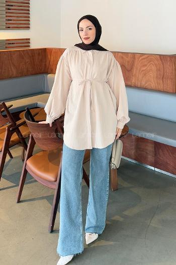 Lamelif Bağlama Detaylı Tesettür Gömlek Bej