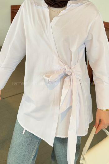 Lamelif Bağlama Detaylı Tesettür Gömlek Beyaz