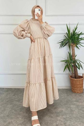 Brown With Milk Crew Neck Polyester Unprinted Dresess