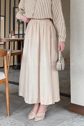 Lamelif Cep Detaylı Keten Etek Sütlü Kahve