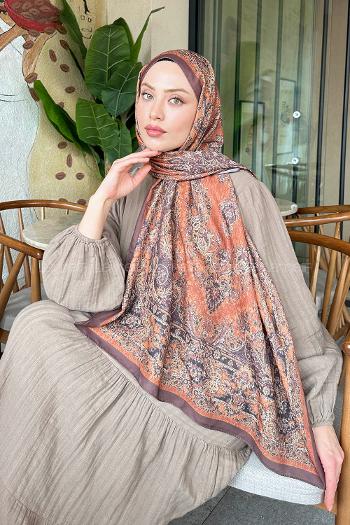 Lamelif Retro Desen Soft Şal Kahverengi Turuncu