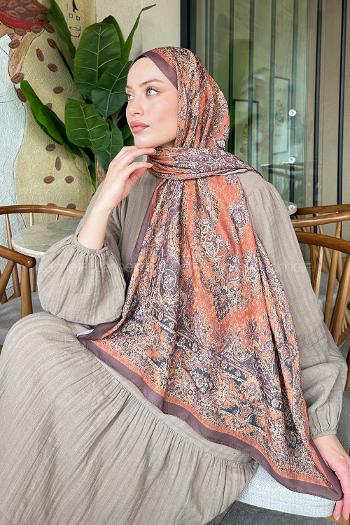 Lamelif Retro Desen Soft Şal Kahverengi Turuncu