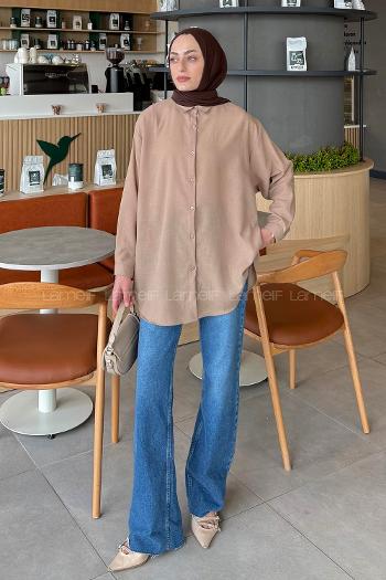 Lamelif Pera Keten Tesettür Gömlek Kahve
