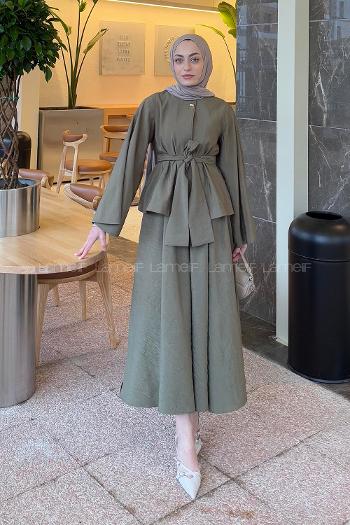 Khaki Medium Crew Neck Long Arm Cotton Skirt Suit