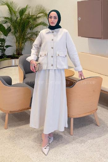 Lamelif Cep Detaylı İkili Etek  Tesettür Takım Taş