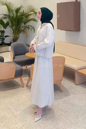 Lamelif Cep Detaylı İkili Etek  Tesettür Takım Taş