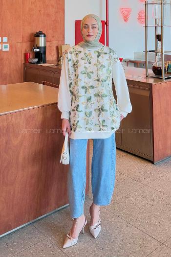 Lamelif Çiçekli İki İplik Tesettür Sweat Haki