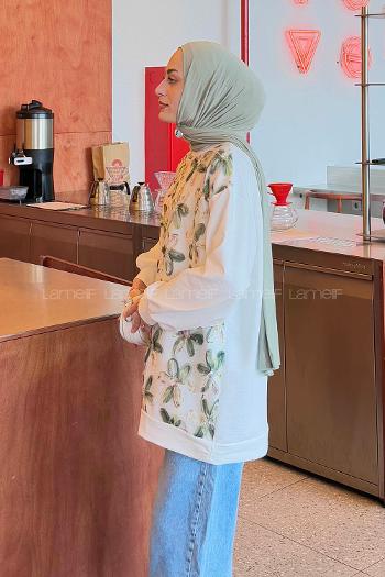 Lamelif Çiçekli İki İplik Tesettür Sweat Haki