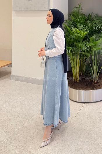 Lamelif Denim Yelek-Etek İkili Tesettür Takım Buz Mavisi