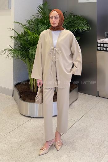 Beige V Neck Long Arm Viscose Fabric Regular Trousers Comfortable Suit