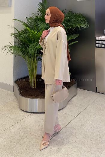 Beige V Neck Long Arm Viscose Fabric Regular Trousers Comfortable Suit