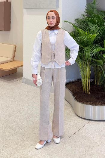 Cream V Neck Sleeveless Arm Without Accessories Cotton Regular Trousers Suit