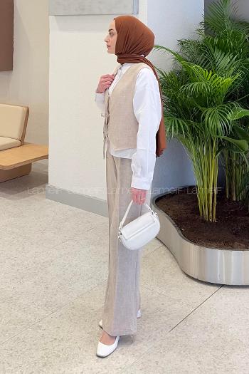 Cream V Neck Sleeveless Arm Without Accessories Cotton Regular Trousers Suit