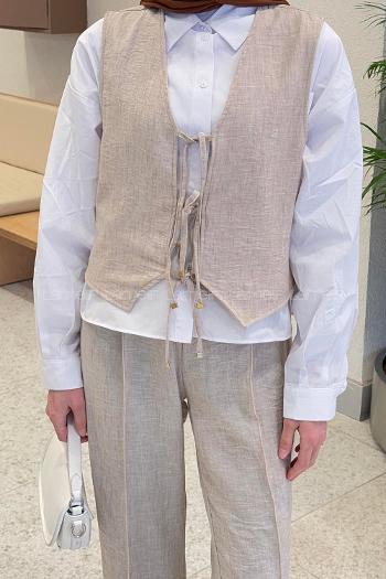 Cream V Neck Sleeveless Arm Without Accessories Cotton Regular Trousers Suit