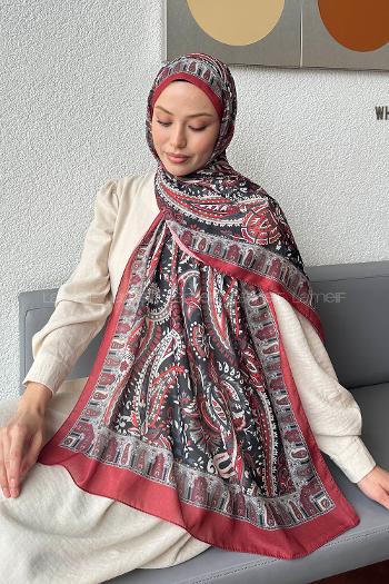 Lamelif Retro Desen Pamuk Şal Bordo