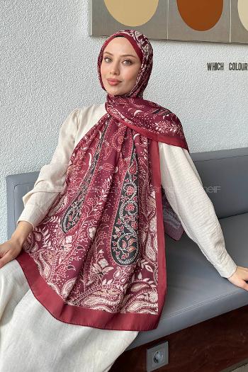 Lamelif Retro Desen Pamuk Şal Bordo