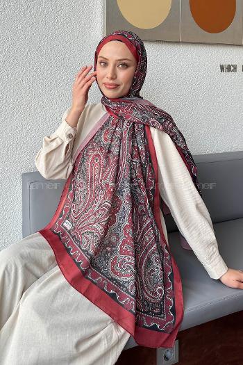 Lamelif Retro Desen Pamuk Şal Bordo