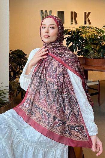 Lamelif Retro Desen Pamuk Şal Bordo