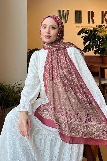 Lamelif Retro Desen Pamuk Şal Bordo