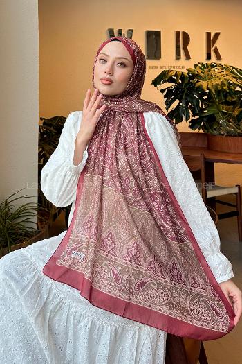Lamelif Retro Desen Pamuk Şal Bordo