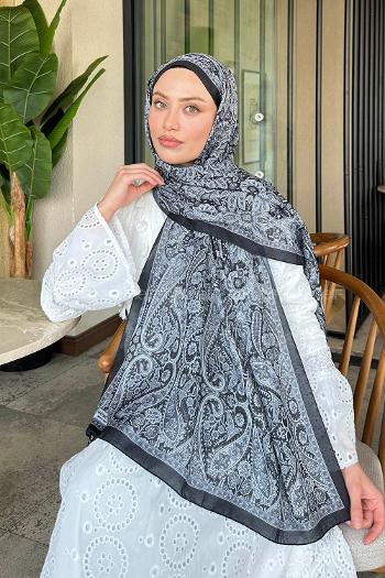 Lamelif Retro Desen Soft Şal Beyaz Siyah